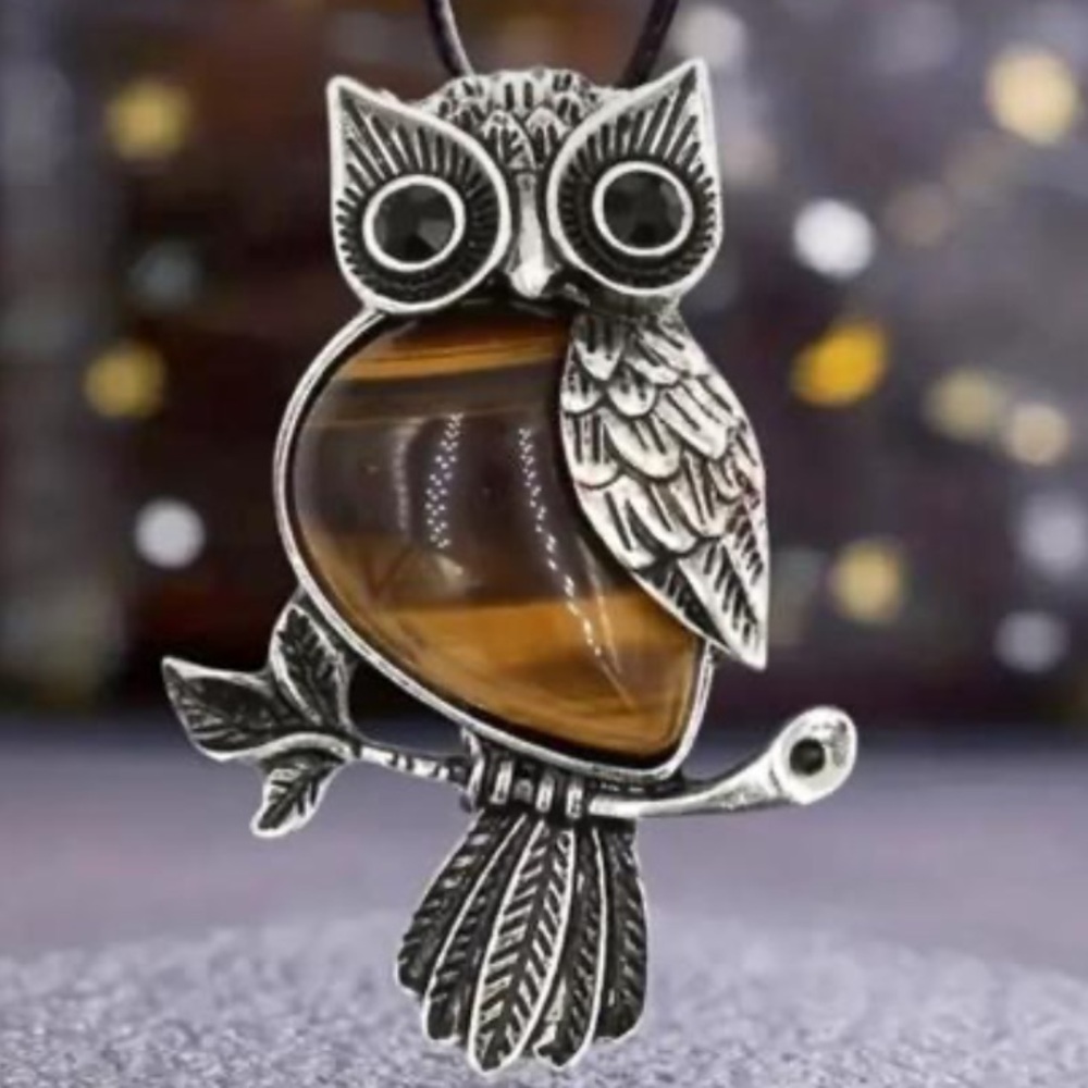 14 🖤 Tiger's Eye Natural Crystal Owl Healing Stone Pendant Necklace